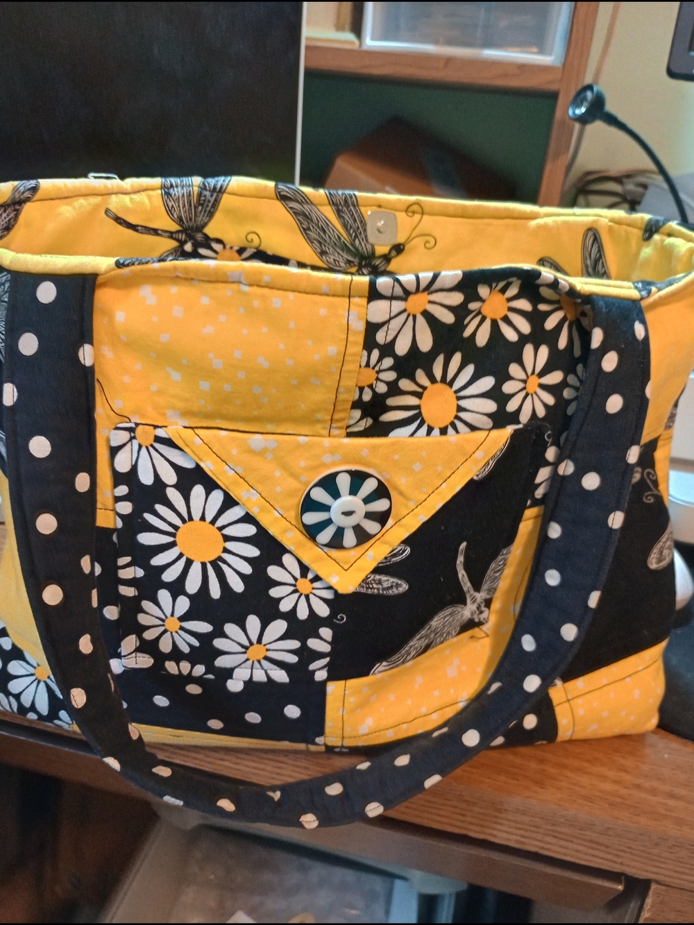 Handmade Yellow & Black Daisy Patchwork Tote Bag